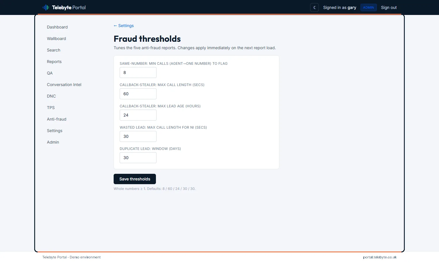 Anti-fraud thresholds — configurable limits for repeat-dialling, callback-stealing and wasted-lead behaviour across the floor