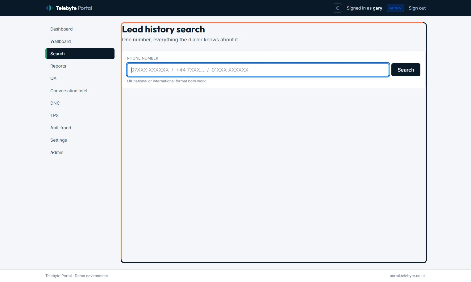 Lead history search — one phone number, every call, disposition and recording the dialler holds against it