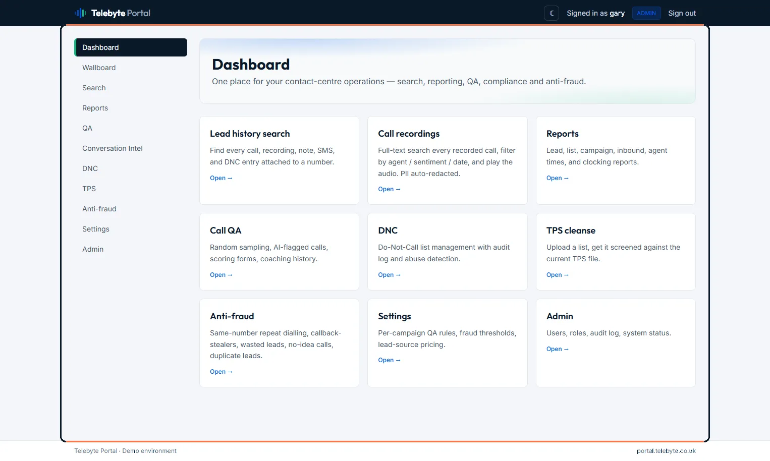 The Telebyte reporting portal home — one place for lead search, call recordings, reports, QA, compliance and anti-fraud across the whole contact centre