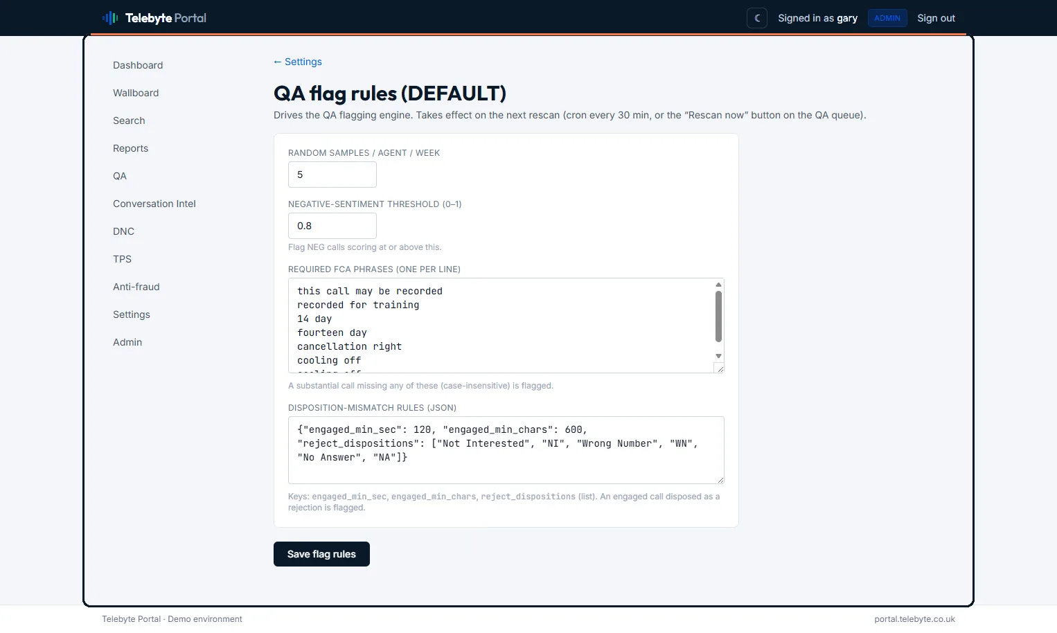QA flag rules — the rules engine that decides which calls land in the review queue, from random sample rate to sentiment thresholds