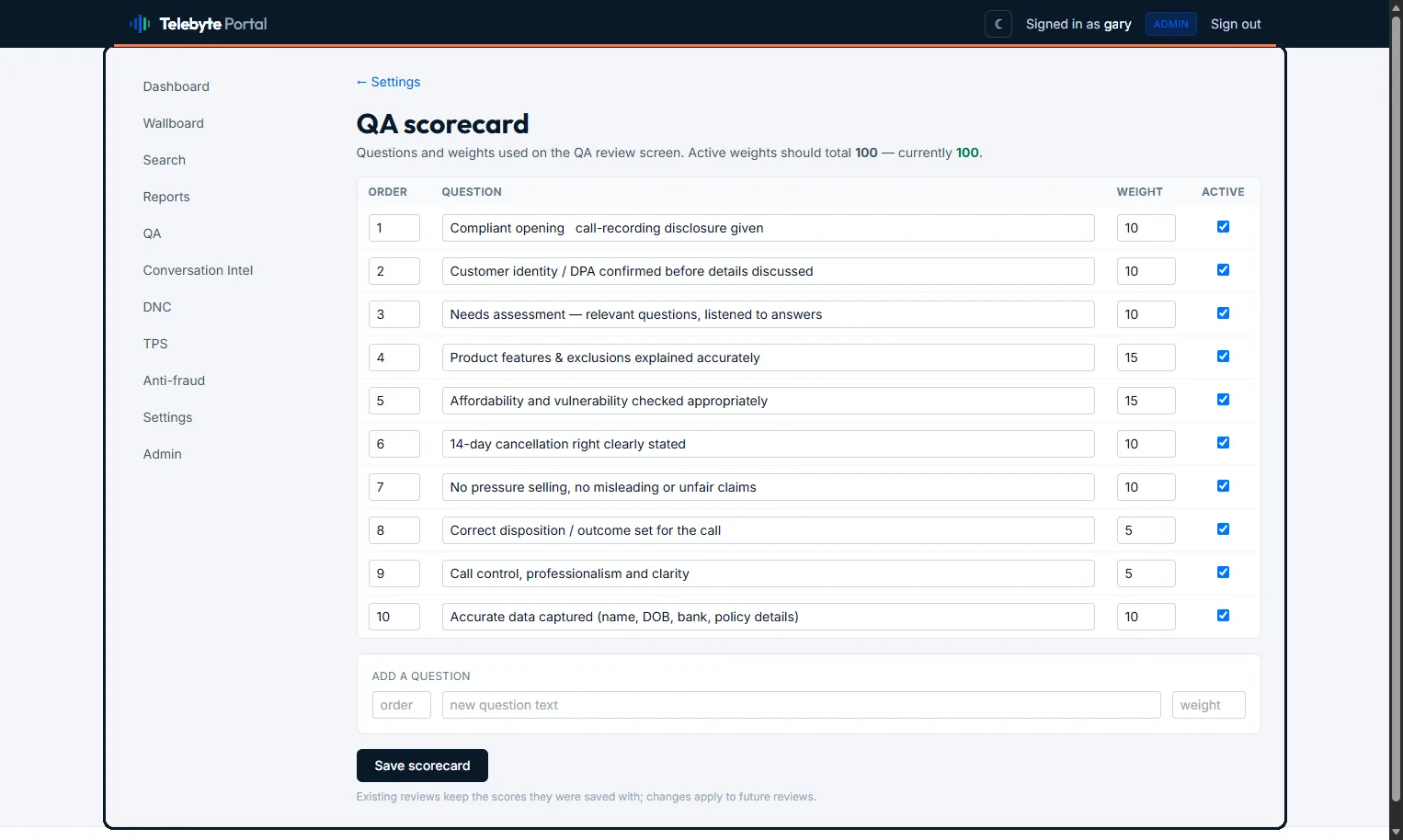 QA scorecard — the weighted criteria each reviewed call is scored against, from compliant opening to accurate data capture