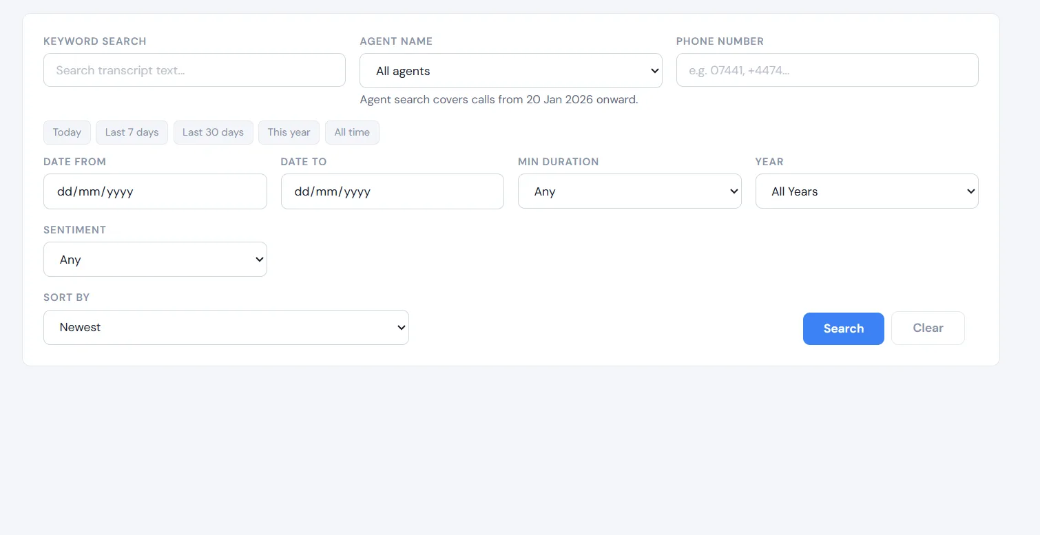Telebyte call-recordings search — querying millions of transcribed UK call recordings by keyword, agent name, phone number, date, duration and sentiment
