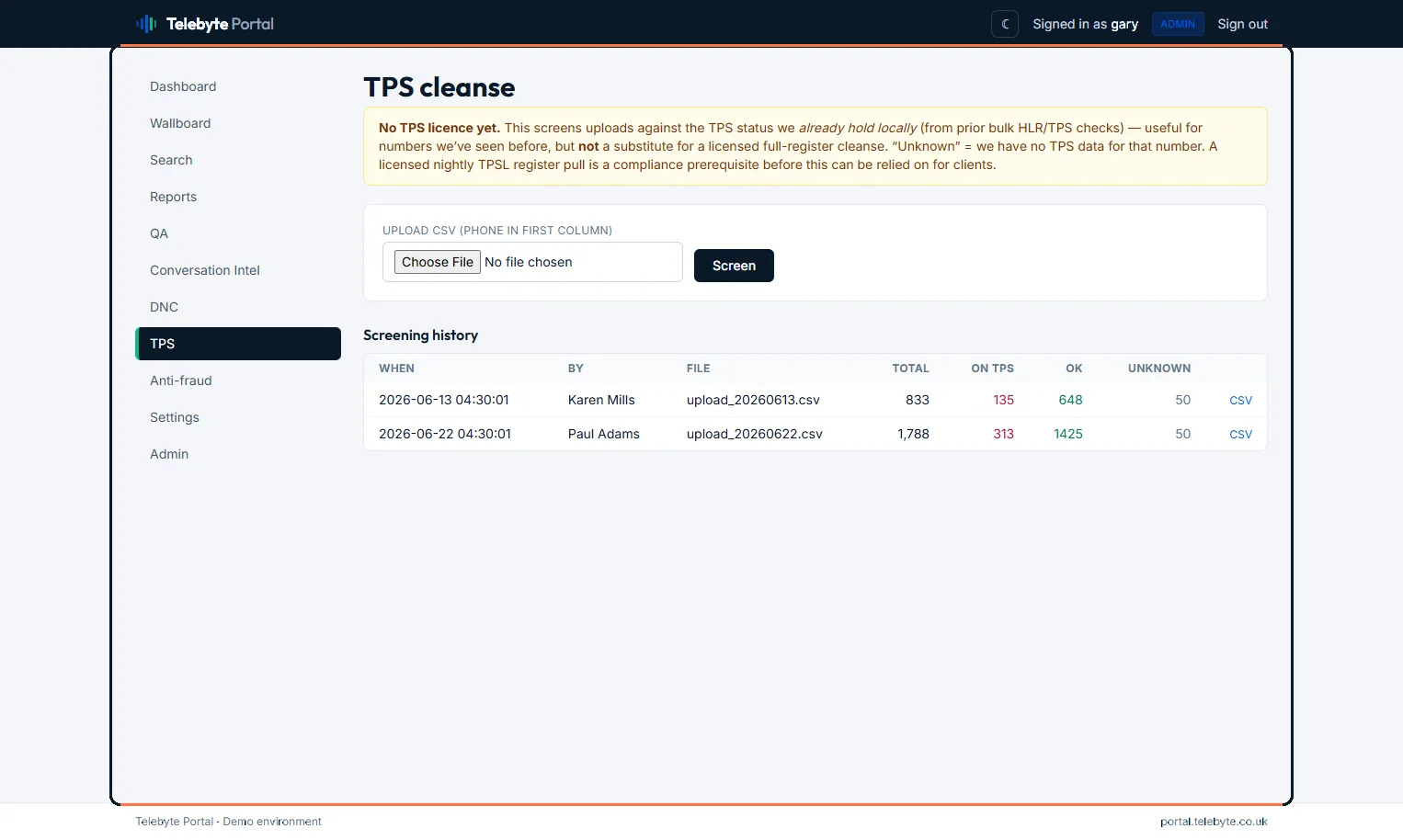 TPS cleanse — numbers screened against the TPS register with a full upload and screening history for the audit trail