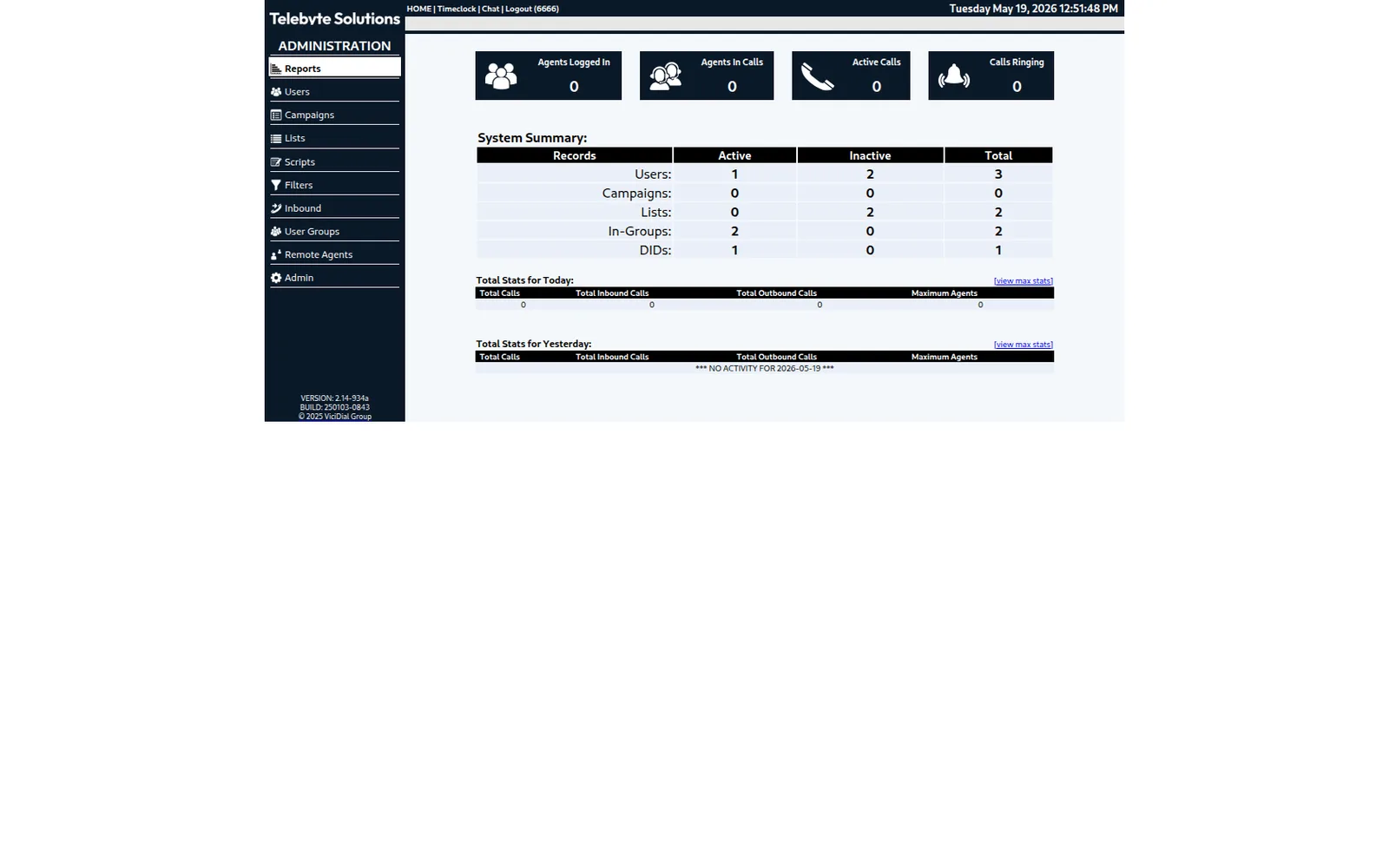 ViciDial administration overview — system summary of users, campaigns, lists, in-groups and DIDs, with live agents-logged-in and active-calls counters