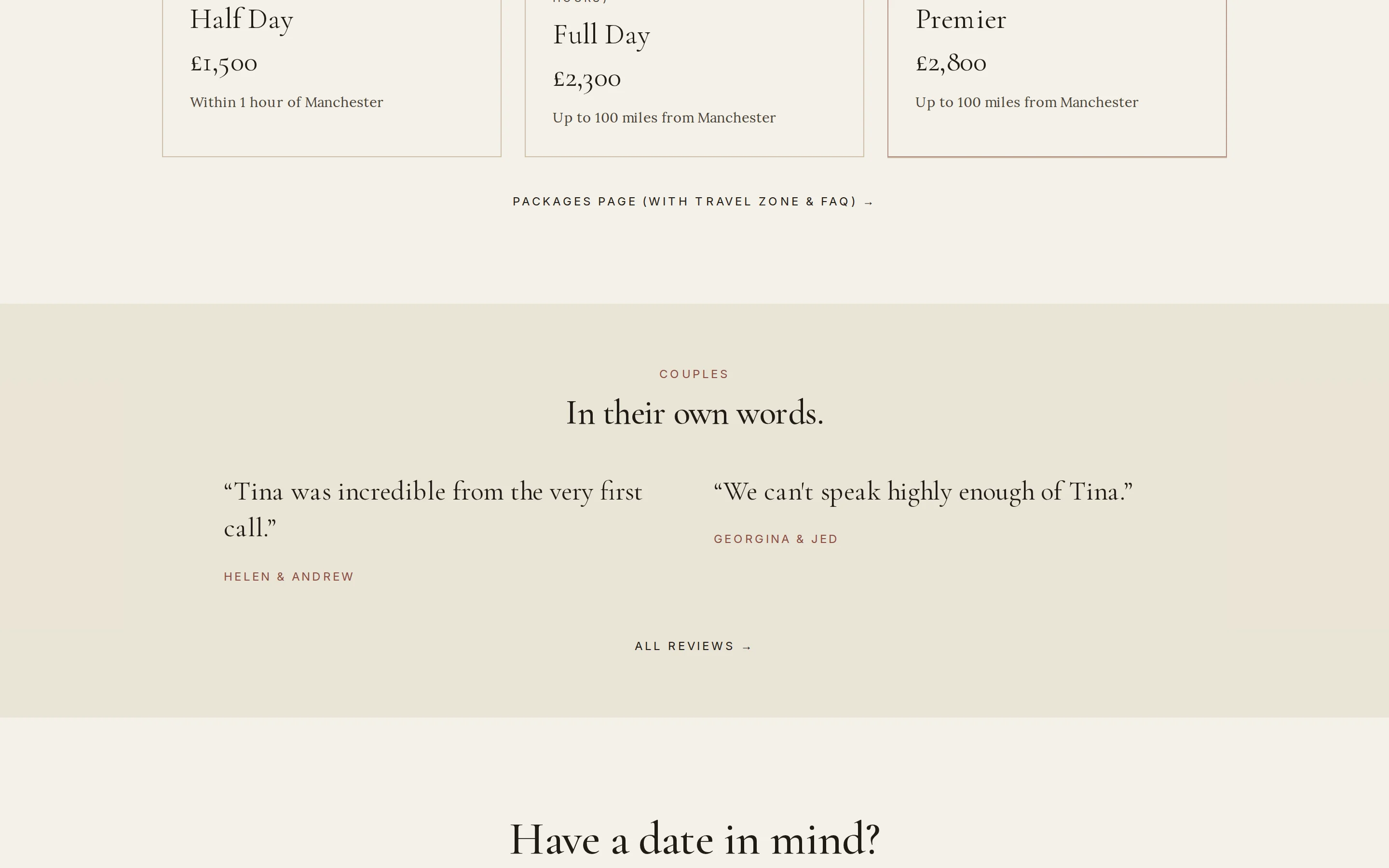 A section of the Tina Hevingham Weddings website built by Telebyte